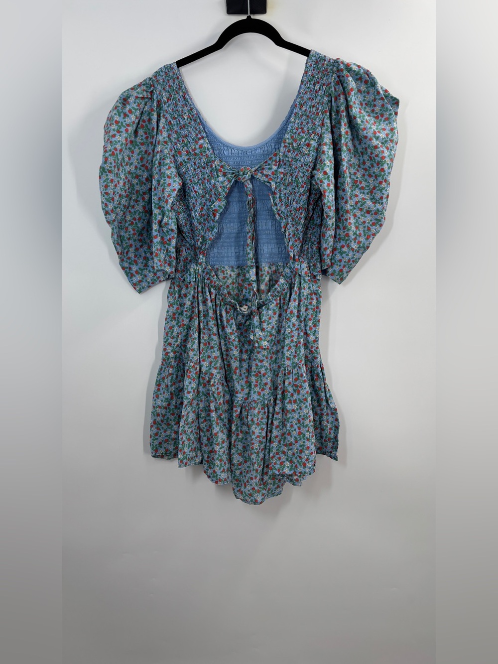 Sea Lilly Smocked Mini Dress in Blue Liberty Strawberry Print - Picture 9 of 9